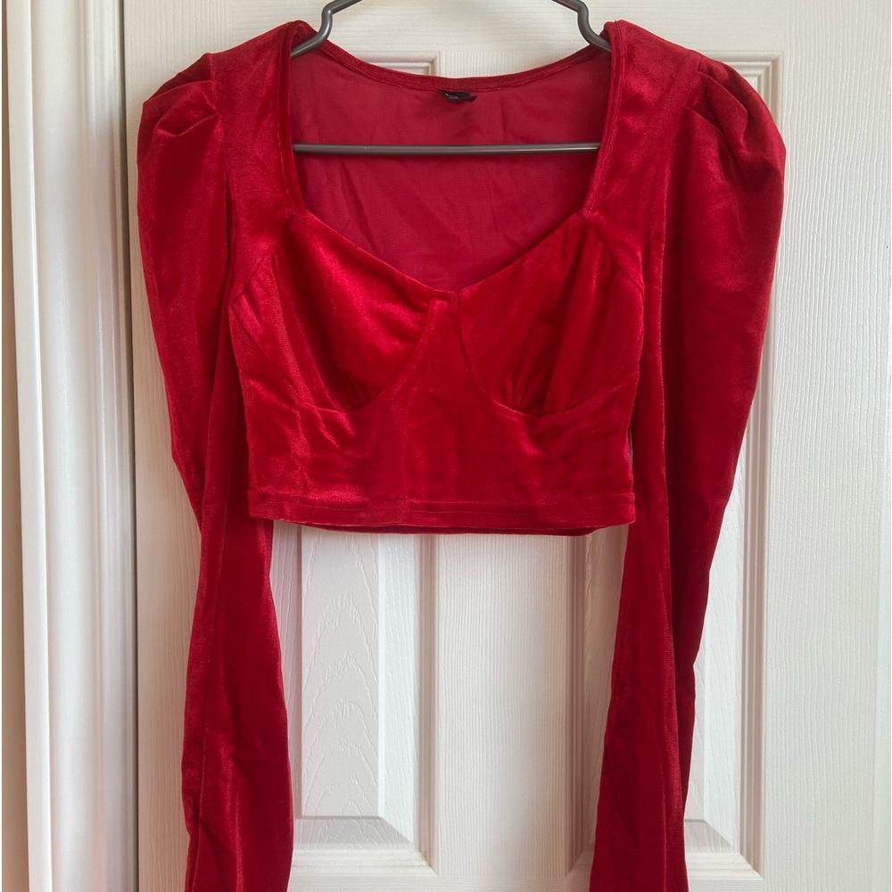 Sweetheart Neck Gigot Sleeve Velvet Crop Top